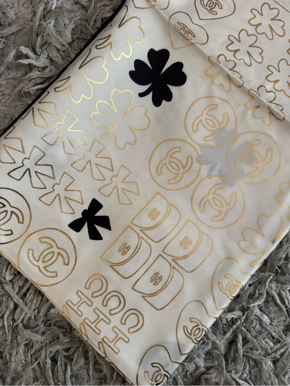 CHANEL Ivory Silk Logo & Motif Scarf with Black Accents